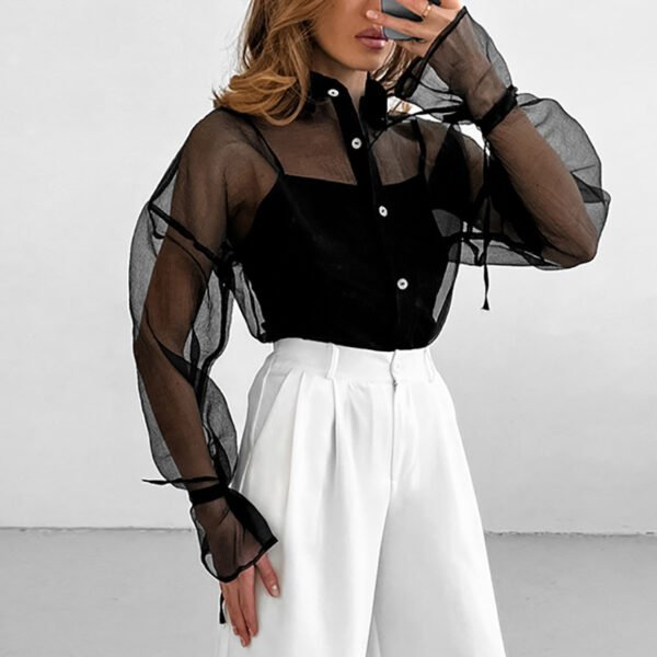 قميص نسائي شفاف متوسط ​​الطول من الأورجانزا عالي الجودة للارتداء الخارجي