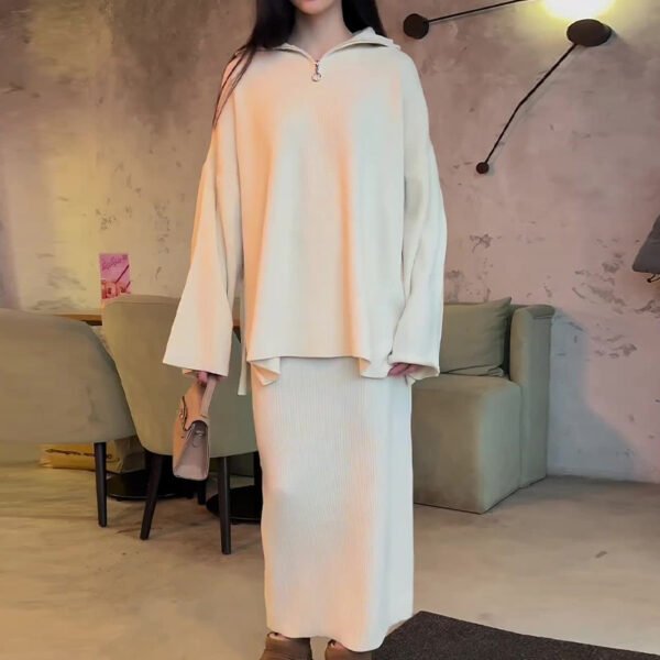 بدلة تنورة كاجوال فضفاضة بسحاب بلون سادة للنساء