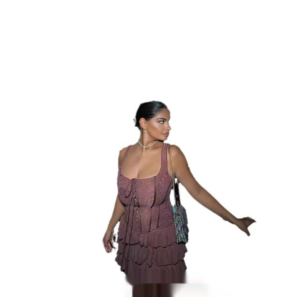 فستان بني اللون يحتوي على عظمة سمكة مربوطة من أعلى كعكة متوسطة الطول مجموعة جديدة للنساء