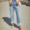بنطلون جينز مستقيم مرن بتصميم ريترو كيرلنج للنساء