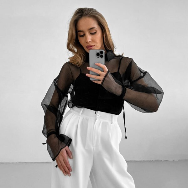 قميص نسائي شفاف متوسط ​​الطول من الأورجانزا عالي الجودة للارتداء الخارجي