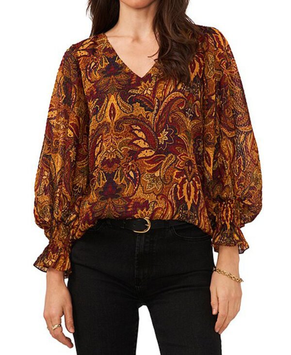 تي شيرت طويل مطبوع برقبة على شكل حرف V وقميص فضفاض للنساء