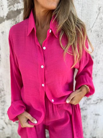 67f8e3c7-867e-4272-81cb-a0ca25193dbd.jpg طقم قميص فضفاض بأكمام طويلة مع أزرار ياقة وشورت مطاطي، ملابس كاجوال أنيقة للنساء