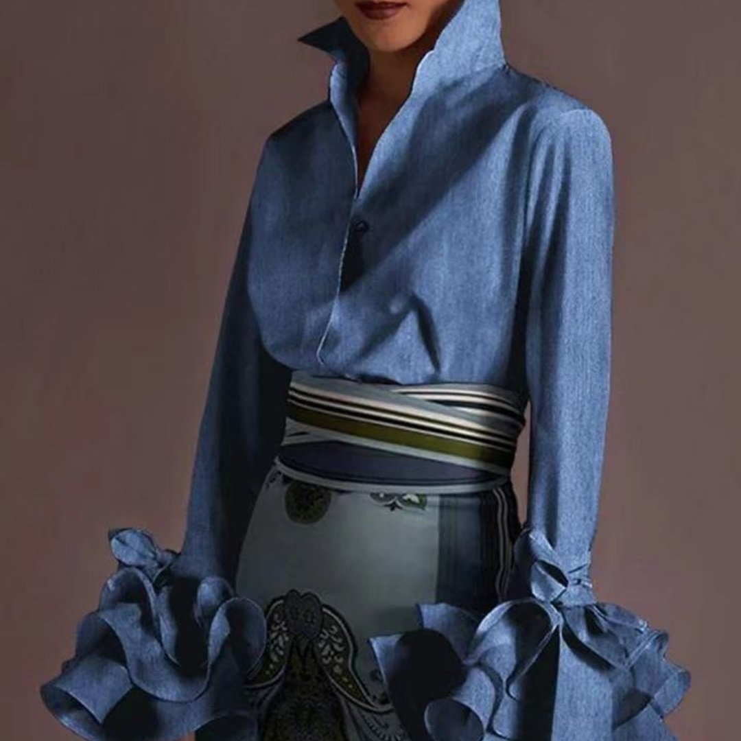 قميص نسائي بأكمام واسعة ومطوي وأكمام طويلة