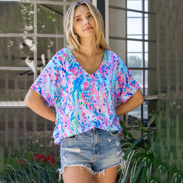 تي شيرت نسائي بتصميم زهور، قطعة علوية كاجوال فضفاضة، مطبوع عليه زهور