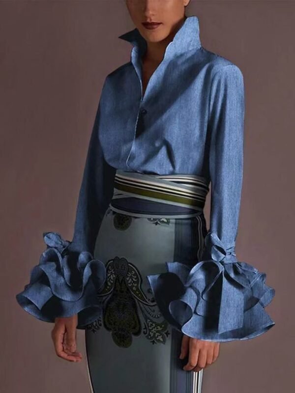 قميص نسائي بأكمام واسعة ومطوي وأكمام طويلة