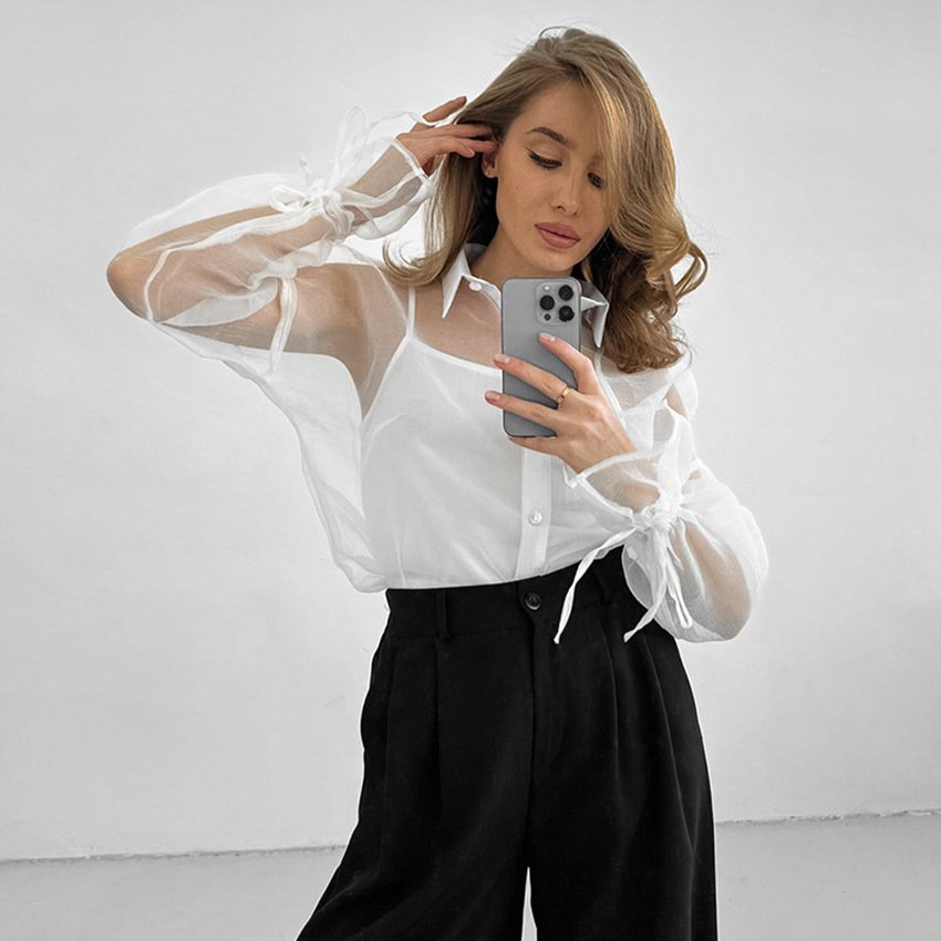 قميص نسائي شفاف متوسط ​​الطول من الأورجانزا عالي الجودة للارتداء الخارجي