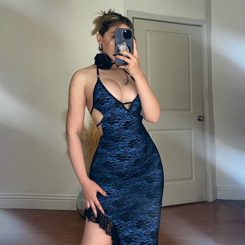 فستان نسائي من الدانتيل الصناعي مع حزام قابل للفصل