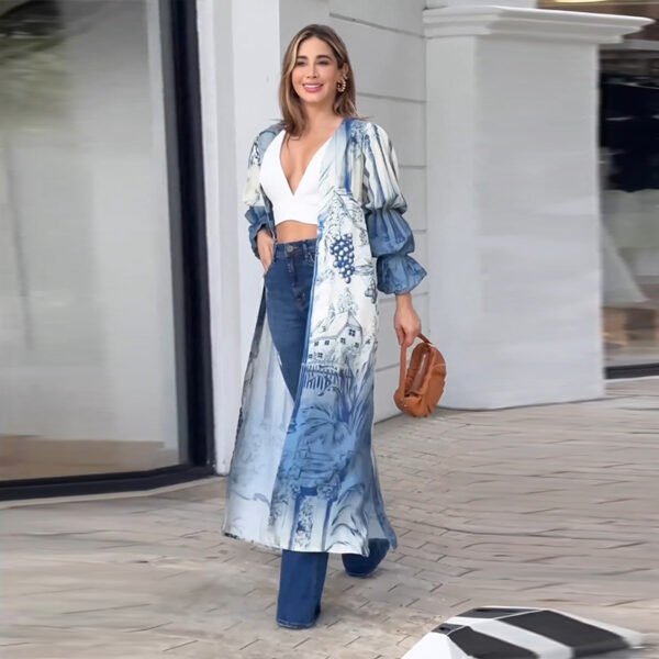 قميص طويل مطبوع باللون الأزرق كاجوال