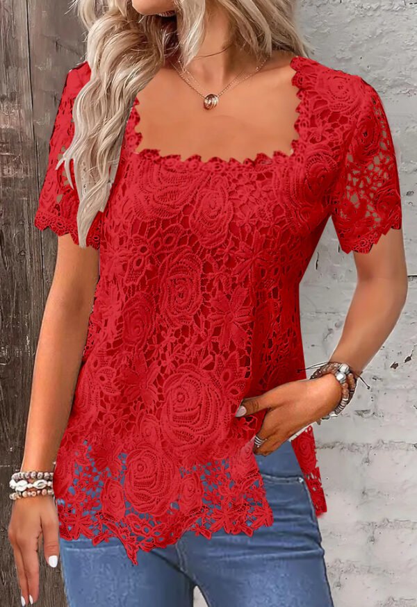 تي شيرت دانتيل وردي للنساء