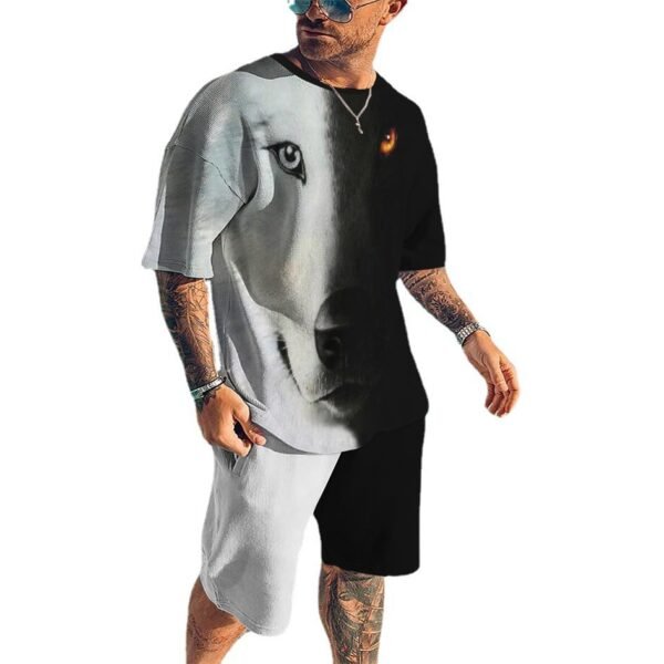 بدلة رجالي كاجوال بأكمام قصيرة ورقبة دائرية مطبوعة ثلاثية الأبعاد