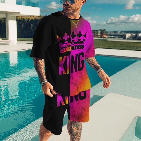 بدلة رجالي كاجوال بأكمام قصيرة ورقبة دائرية مطبوعة ثلاثية الأبعاد