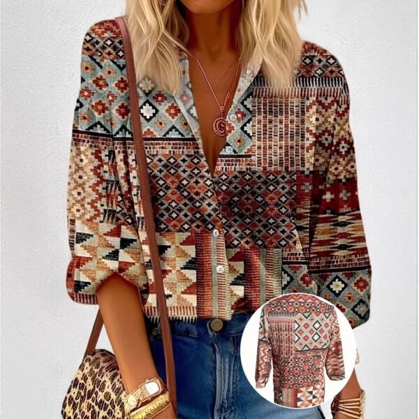 قميص نسائي كاجوال فضفاض بأزرار متناسق الألوان مع طباعة رقمية