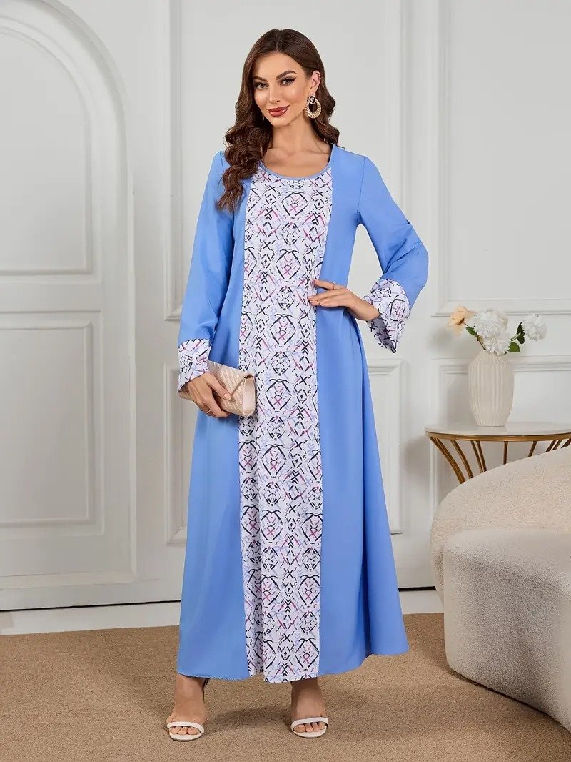 فستان نسائي مطبوع برقبة دائرية قابل للغسل في الغسالة