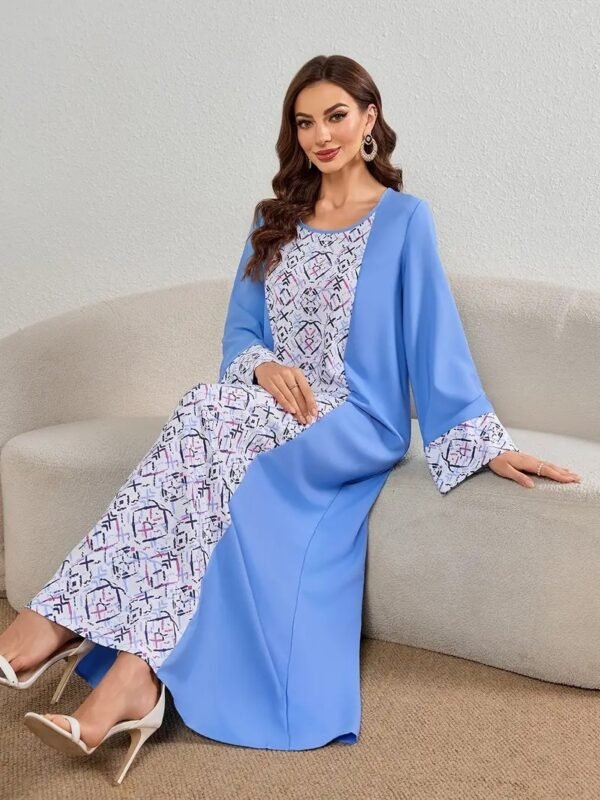 فستان نسائي مطبوع برقبة دائرية قابل للغسل في الغسالة