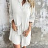 f2978071-b0ab-4fc9-9fdc-2ee350184275.jpg طقم قميص فضفاض بأكمام طويلة مع أزرار ياقة وشورت مطاطي، ملابس كاجوال أنيقة للنساء