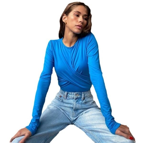 تي شيرت نسائي بتصميم جديد ضيق بأكمام طويلة ورقبة دائرية