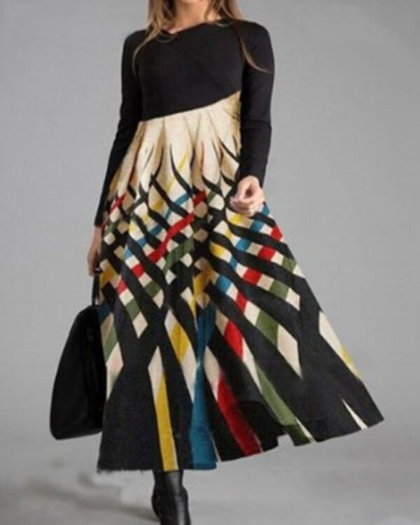 فستان نسائي مطبوع بأكمام طويلة وخياطة