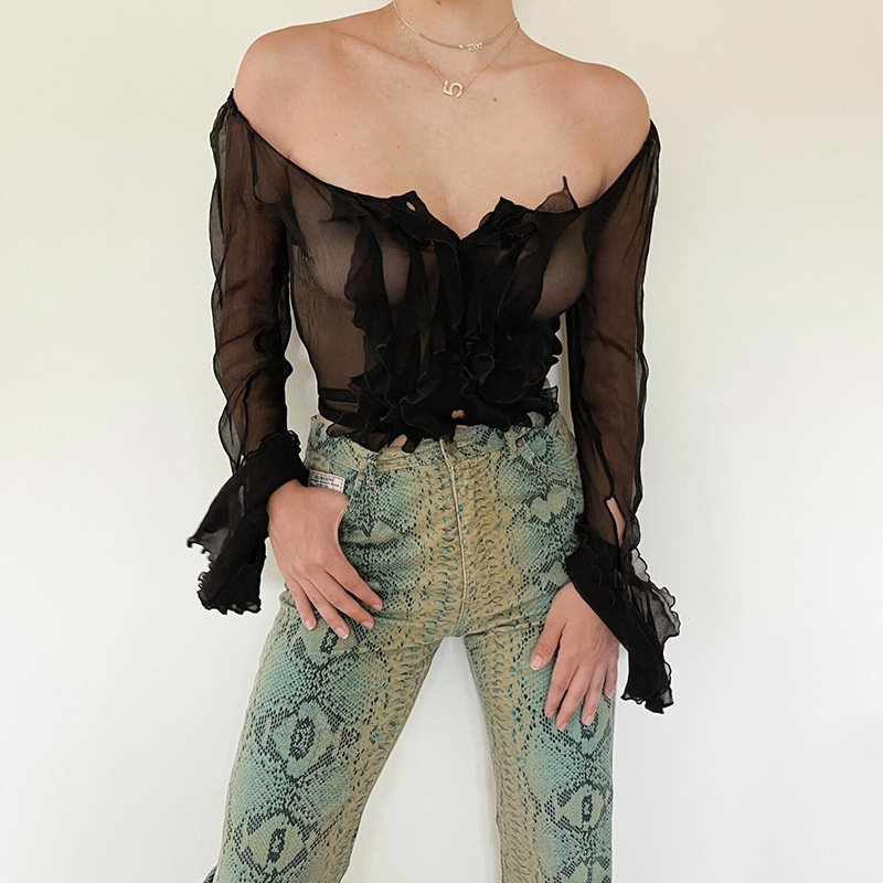 تي شيرت كارديجان شفاف بياقة مربعة وقصة ضيقة للنساء