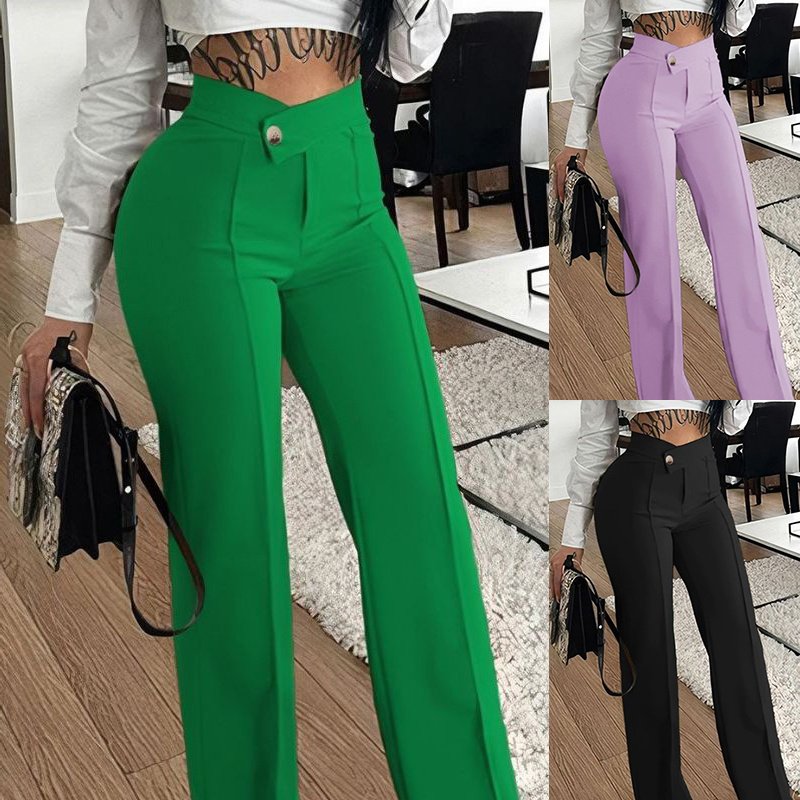 55a8ed12-26d4-4ae0-8014-ba47a16b6308.jpg بنطلون ضيق مستقيم الساق مع مشبك، بنطلون عصري بلون واحد للنساء