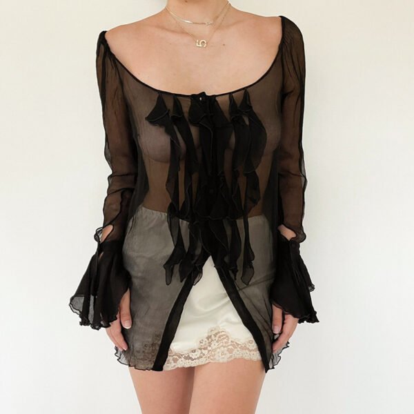 تي شيرت كارديجان شفاف بياقة مربعة وقصة ضيقة للنساء