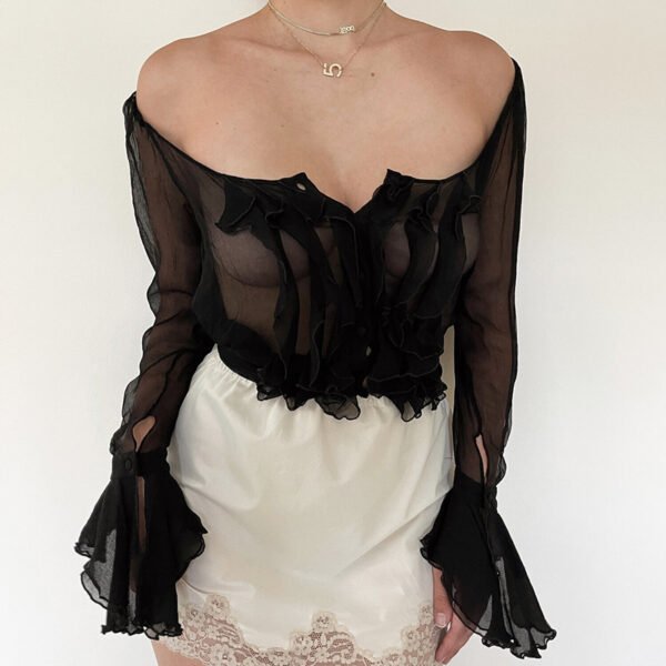 تي شيرت كارديجان شفاف بياقة مربعة وقصة ضيقة للنساء