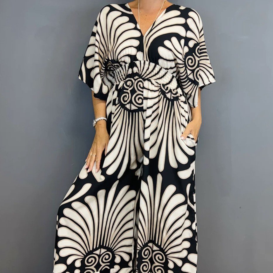 جمبسوت نسائي مطبوع برقبة على شكل حرف V وخصر مرتفع ومقاس كبير