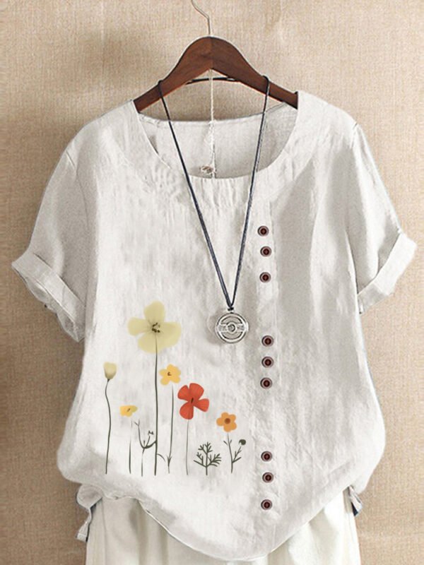 تي شيرت نسائي أنيق بأكمام قصيرة مطبوع عليه قطن وكتان