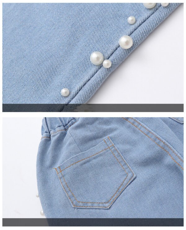 بنطلون جينز فضفاض للأطفال على الطراز الكوري بتطريز جانبي أنيق للبنات