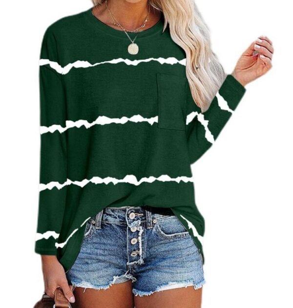 تي شيرت نسائي جديد مطبوع بأكمام طويلة ورقبة دائرية وجيب