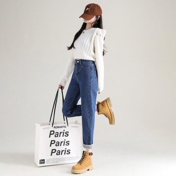 بنطلون جينز نسائي مستقيم من الصوف السميك عالي الخصر