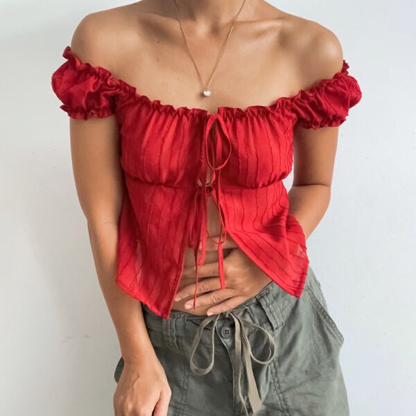 بلوزة نسائية بأكمام قصيرة وأكمام منتفخة وربطة عنق جذابة تناسب جميع الأذواق