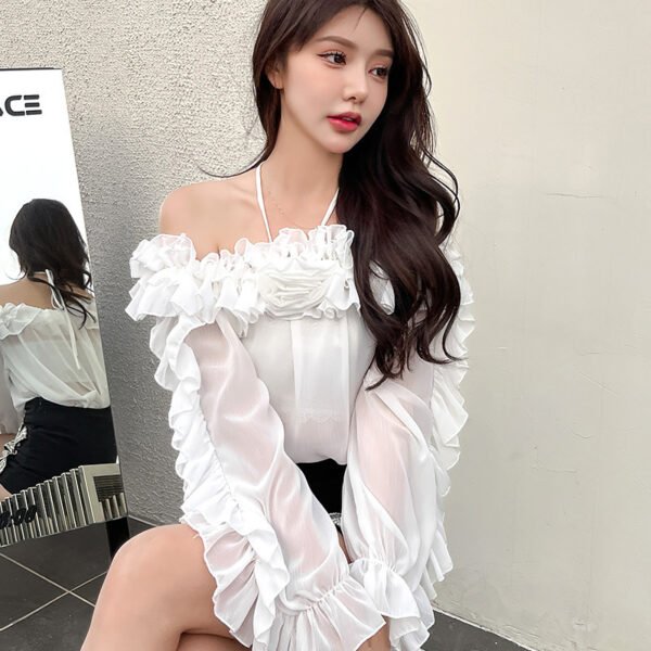 قميص شيفون مكشوف الكتفين بأكمام طويلة