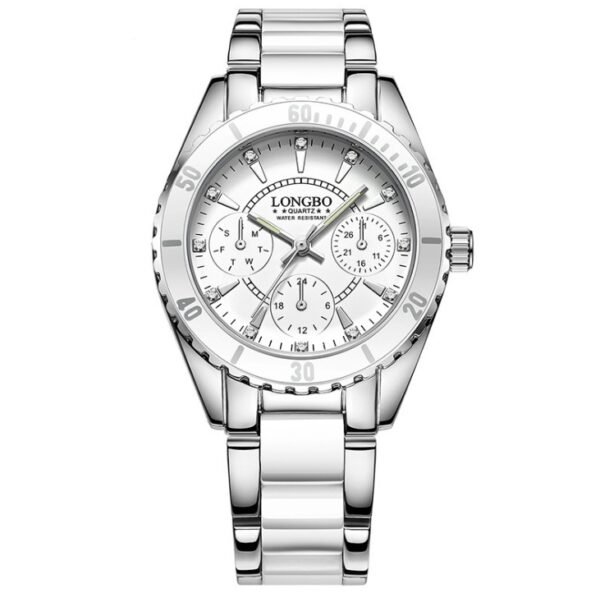 ساعة نسائية رائجة البيع بثلاث عيون من السيراميك وحزام فولاذي مقاومة للماء وساعة كوارتز مضيئة للسيدات