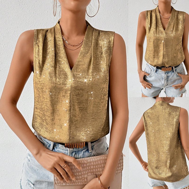 بلوزة نسائية أنيقة فضفاضة بدون أكمام بفتحة رقبة على شكل حرف V على الطراز الأوروبي والأمريكي