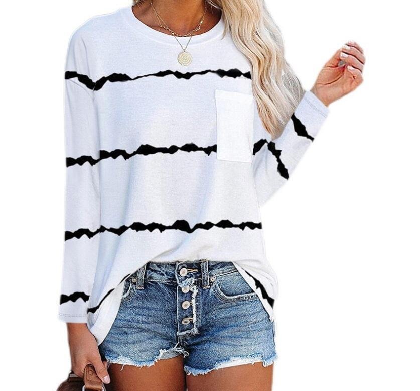 تي شيرت نسائي جديد مطبوع بأكمام طويلة ورقبة دائرية وجيب