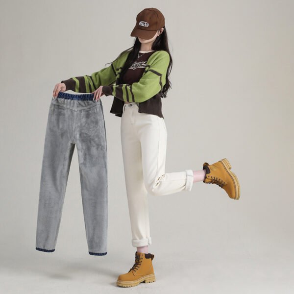 بنطلون جينز نسائي مستقيم من الصوف السميك عالي الخصر