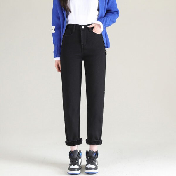 بنطلون جينز نسائي مستقيم من الصوف السميك عالي الخصر