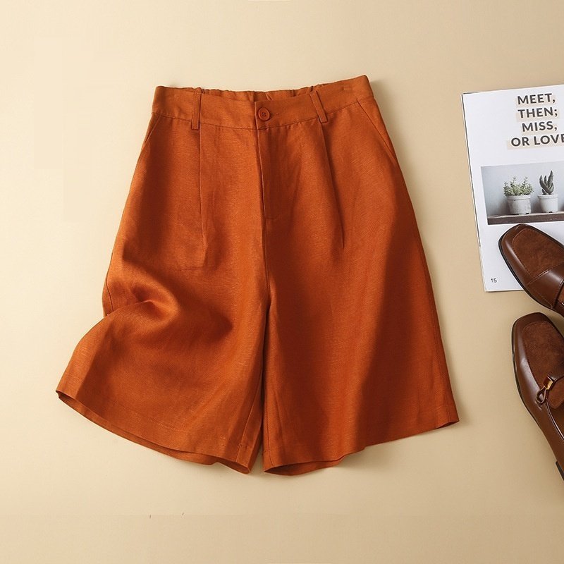 شورت صيفي كاجوال نسائي عالي الخصر من القطن والكتان