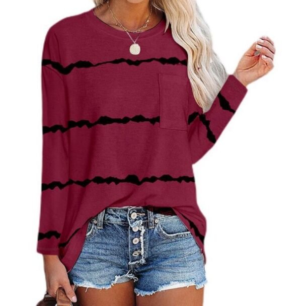 تي شيرت نسائي جديد مطبوع بأكمام طويلة ورقبة دائرية وجيب