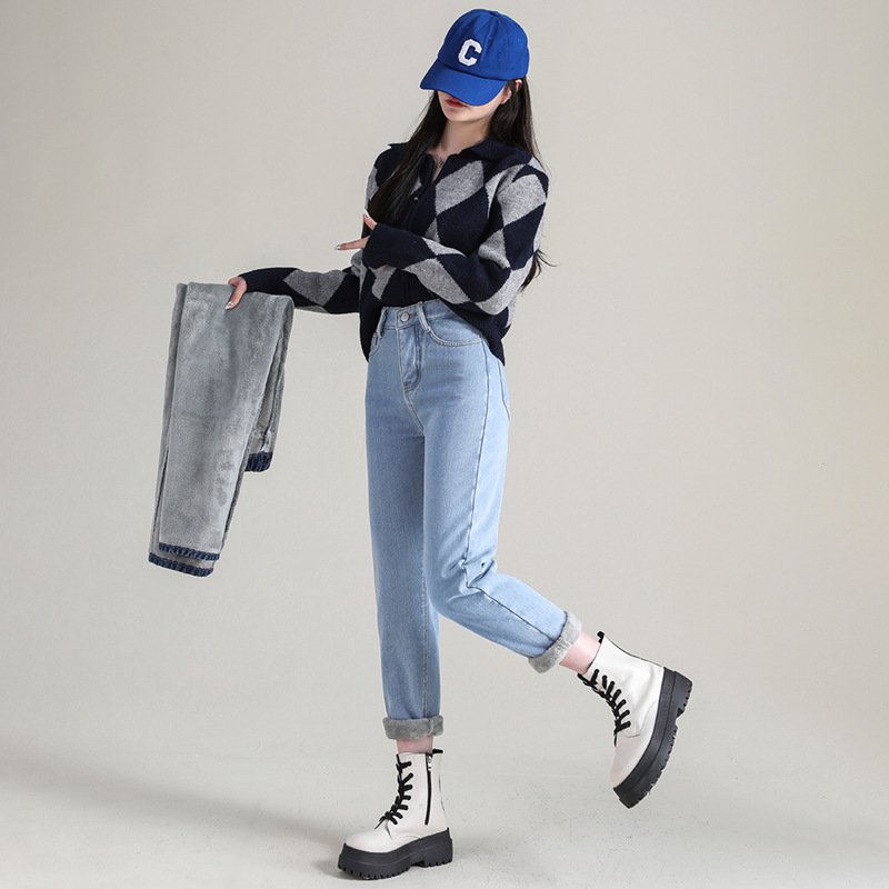 بنطلون جينز نسائي مستقيم من الصوف السميك عالي الخصر