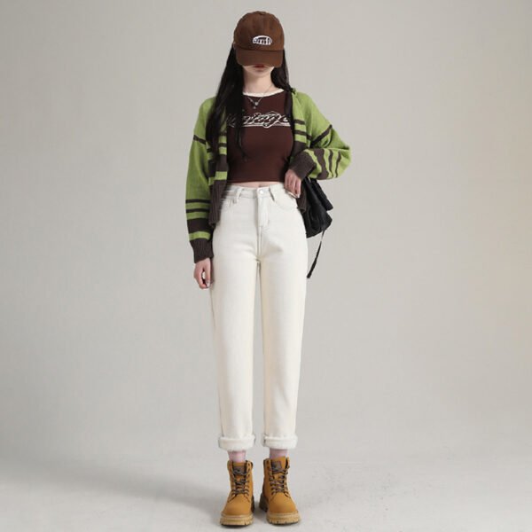 بنطلون جينز نسائي مستقيم من الصوف السميك عالي الخصر