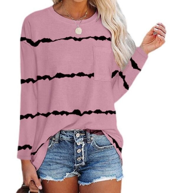 تي شيرت نسائي جديد مطبوع بأكمام طويلة ورقبة دائرية وجيب