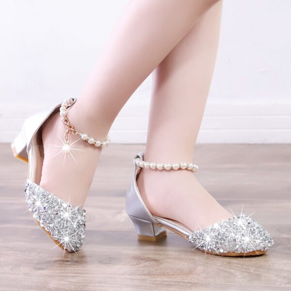 أحذية بكعب عالٍ للبنات، أميرة صغيرة، صنادل أطفال، عرض رقص، عرض أزياء، فتاة الزهور المضيفة، أحذية رقص فضية