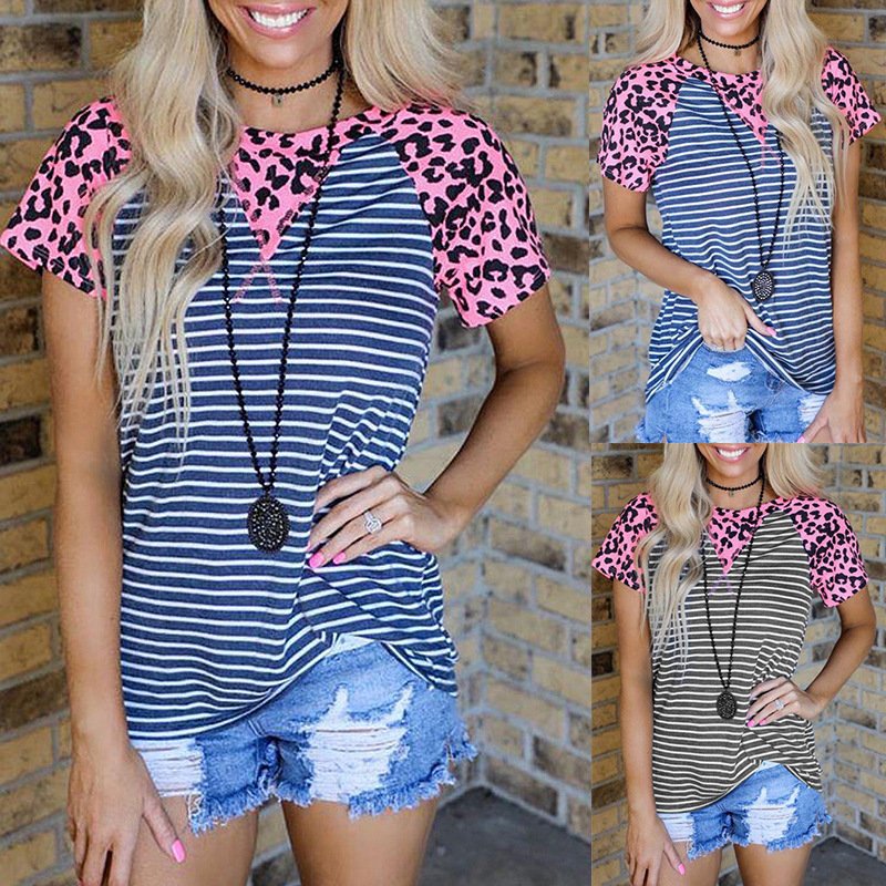 تي شيرت نسائي كاجوال بأكمام قصيرة وتطريز مخطط مطبوع