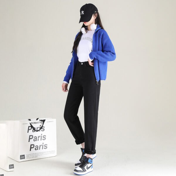 بنطلون جينز نسائي مستقيم من الصوف السميك عالي الخصر