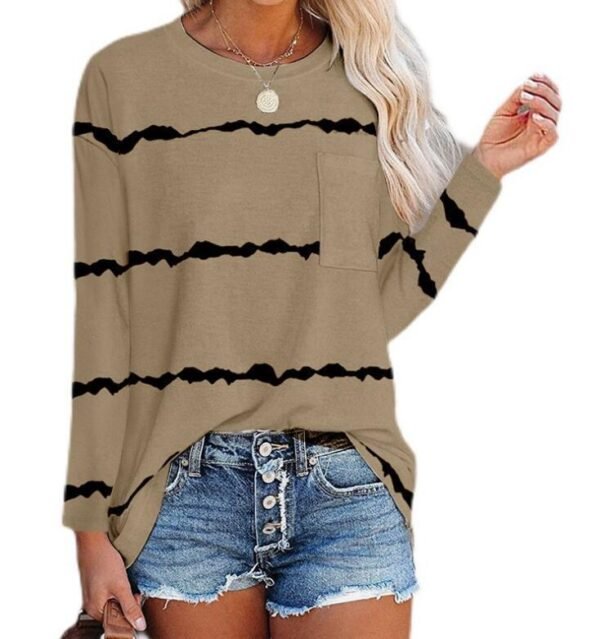 تي شيرت نسائي جديد مطبوع بأكمام طويلة ورقبة دائرية وجيب