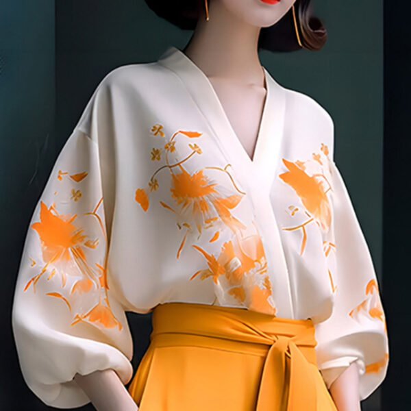 طقم ملابس تخسيس أنيق وعصري من قطعتين مكون من قميص وبنطلون واسع الساق لإخفاء الترهلات للنساء