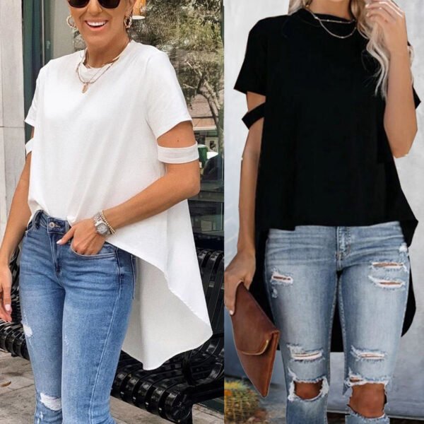تي شيرت نسائي جديد فضفاض غير منتظم بأكمام قصيرة ورقبة مستديرة