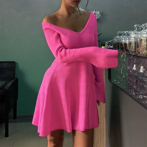 366cc028-00af-4dc2-8229-835b2b64e330.jpg فستان محبوك مثير ضيق بأكمام طويلة ورقبة على شكل حرف V وضيق ومرن للغاية مع كشكشة على شكل حرف A وتنورة Y2K وملابس نسائية
